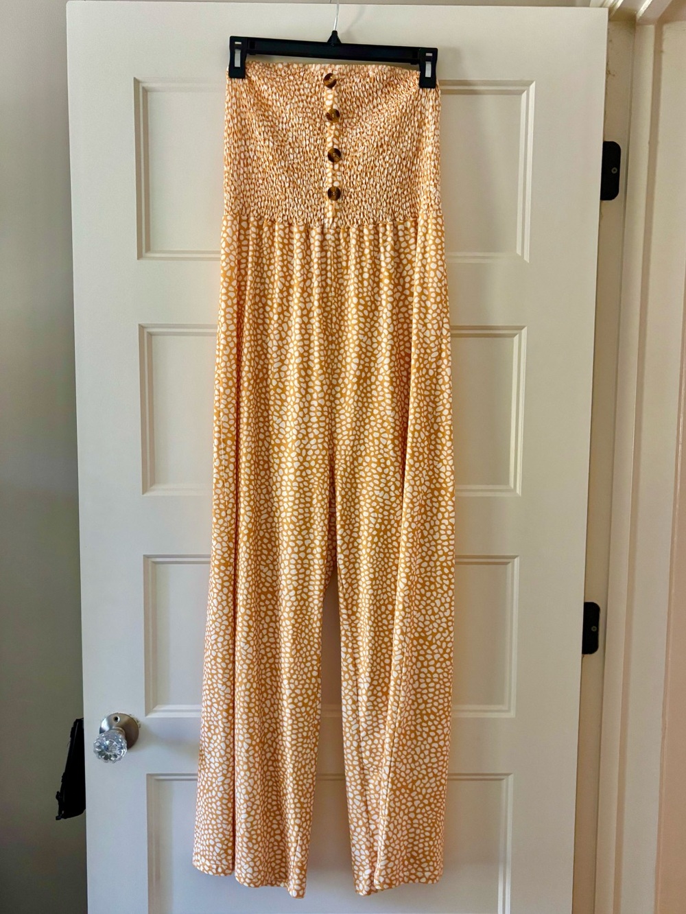 High-Waist Smocked Wide-Leg Jumpsuit Pants - Yellow Floral